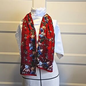 Vintage silk oblong scarf deep red w floral print Adrienne Vittadini